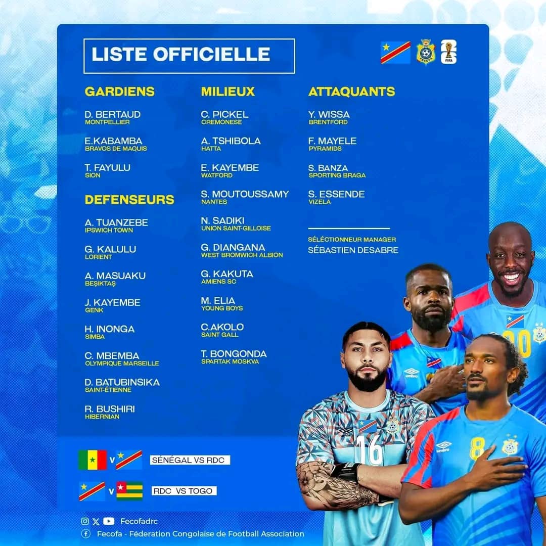 Éliminatoires du mondial 2026 : voici la liste des Léopards pour affronter le Sénégal et le Togo avec 4 nouveaux !