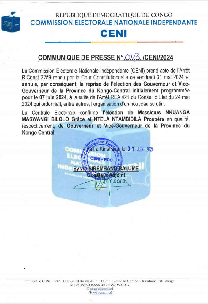 COMMUNIQUE DE PRESSE n° 043/CENI/2024