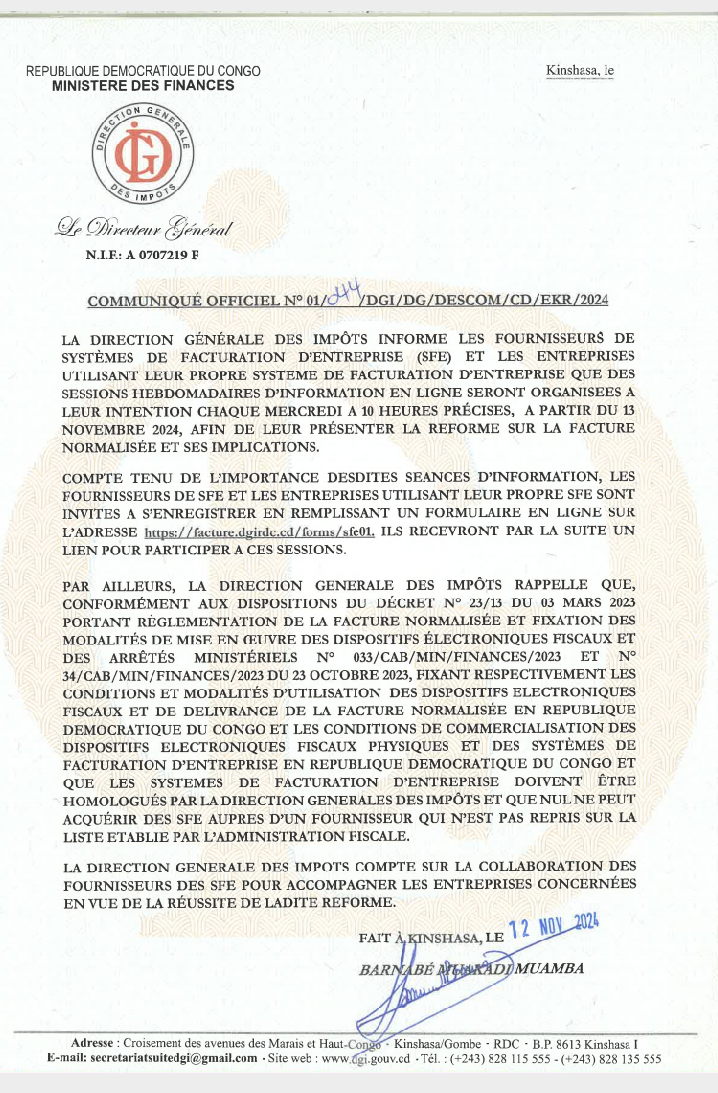 DGI : Bientôt une session d’information en ligne pour les fournisseurs de système de facturation d’entreprises et les entreprises utilisant leurs propres système de facturation