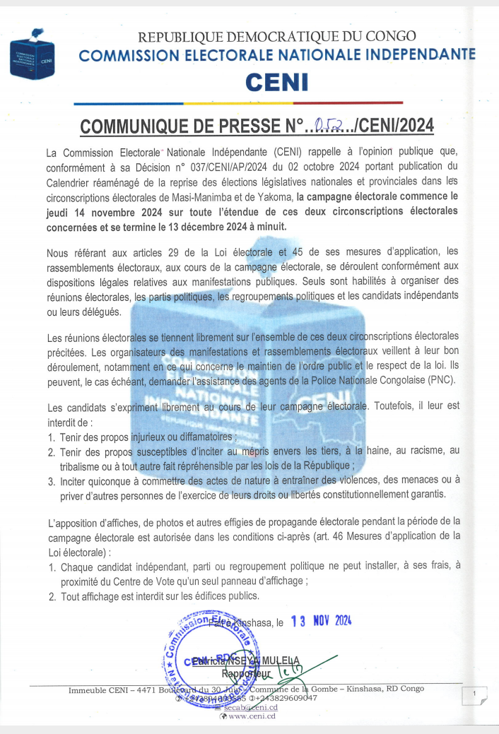 COMMUNIQUE DE PRESSE n° 052