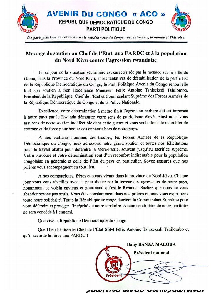 Message de soutien au Chef d’Etat, aux FARDC et à la population du Nord kivua contre l’agression Rwandaise