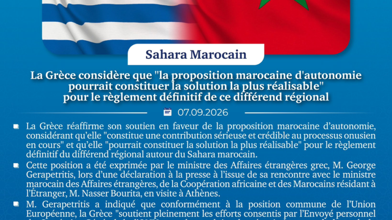 Pour la Grèce : « la proposition marocaine d’autonomie pourrait constituer la solution la plus réalisable » pour le règlement définitif de ce différend régional
