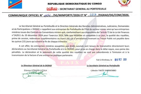 COMMUNIQUE OFFICIEL 004 SG-MINPORTF ET 007 DGRAD PORTEFEUILLE SUR  LA QUOTITE DES ROYALTIES -PRIME DE CESSION -REDEVANCE SUPPLEMENTAIRES OU LOYERS_0001